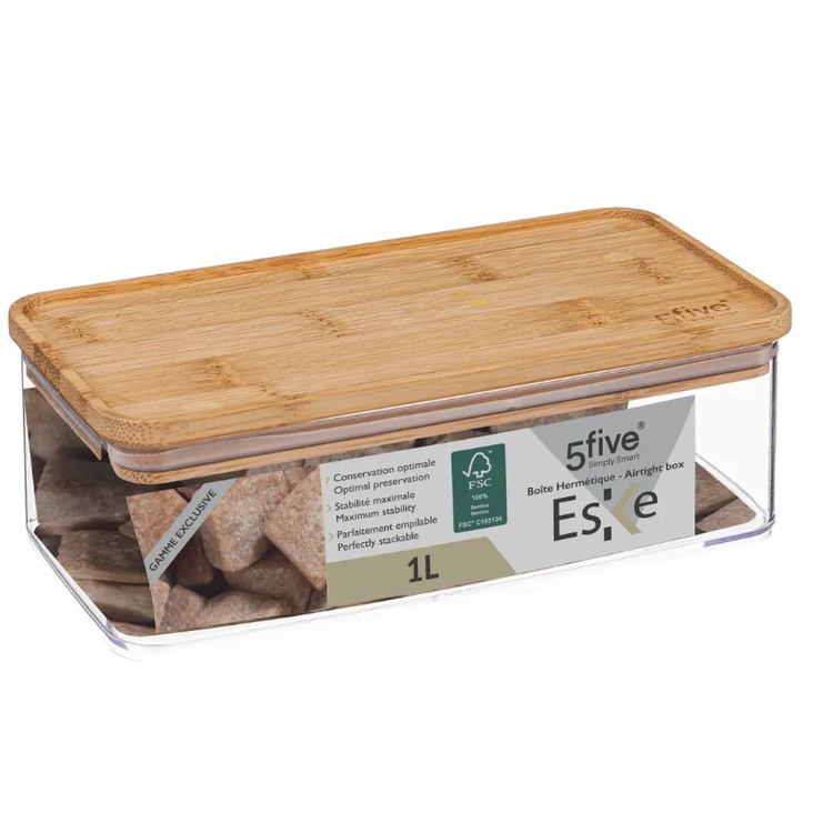 Lufttät behållare, Rektangulär, 1 L, ESKE BAMBOO SMALL, 20,4 x 10,4 x H 7 cm, Klar / Natur