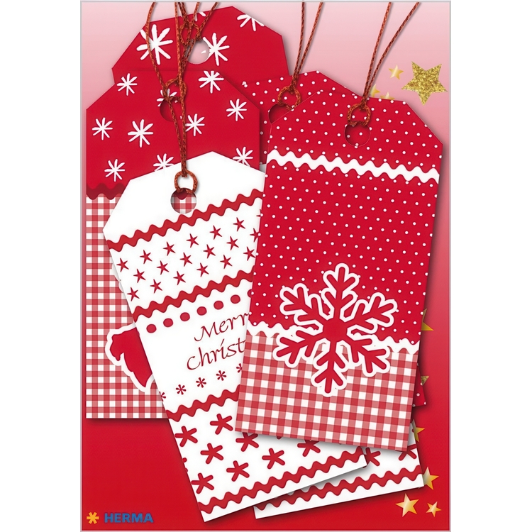 Lyxiga Hängetiketter med glitter, 6st, CHRISTMAS GIFT TAGS, 8 x 4 cm, Vit /Röd