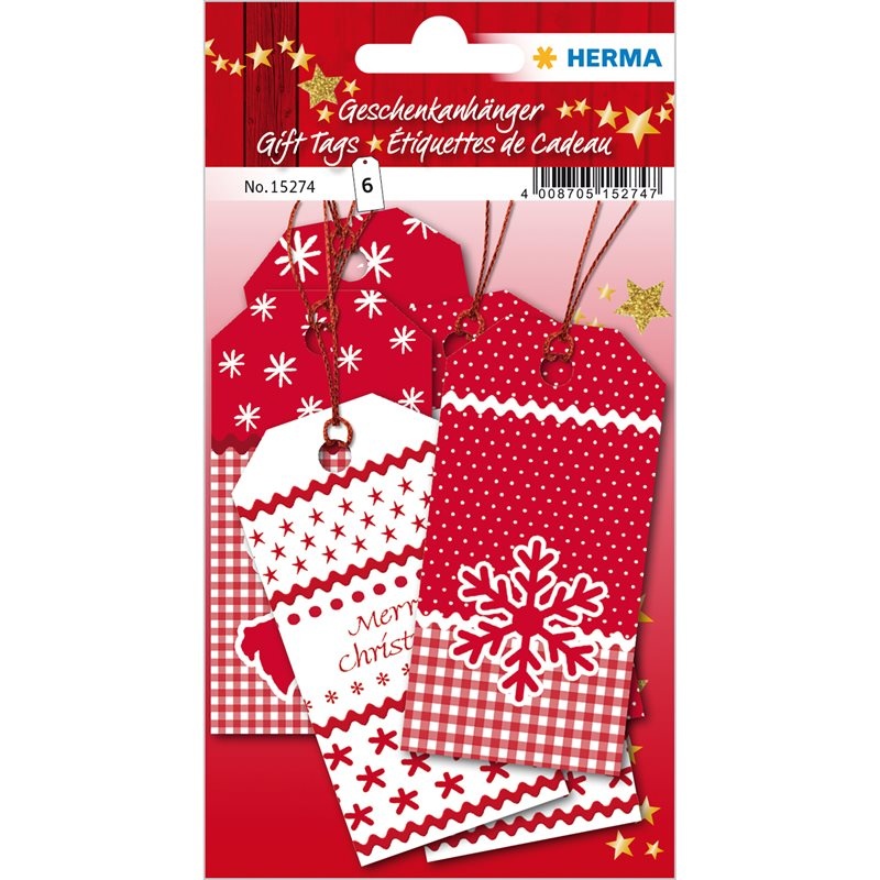 Lyxiga Hängetiketter med glitter, 6st, CHRISTMAS GIFT TAGS, 8 x 4 cm, Vit /Röd