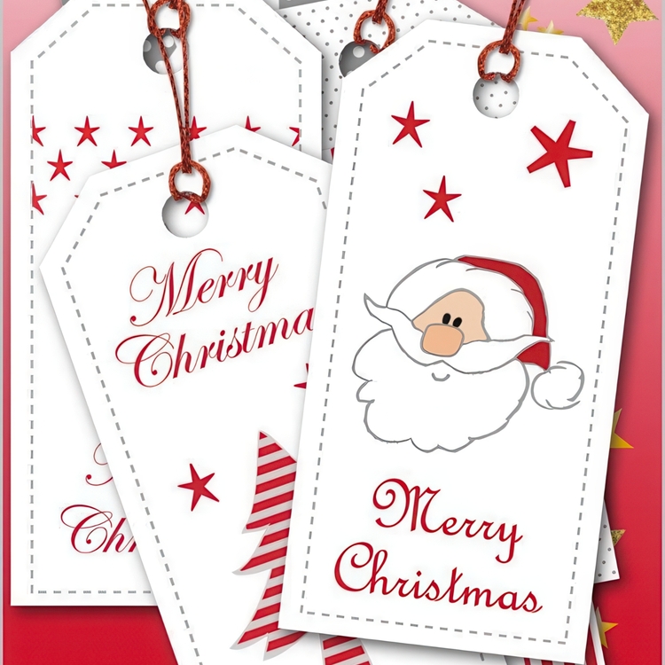 Lyxiga Hängetiketter med glitter, 6st, MERRY CHRISTMAS GIFT TAGS, 8 x 4 cm, Vit /Röd / Silver