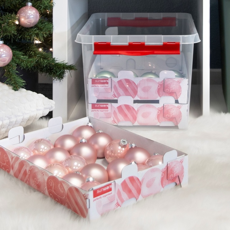 Låda för Julpynt. Med handtag, 22 Liter, CHRISTMAS BOX, 40 x 30 x H 26 cm, Klar / Röd