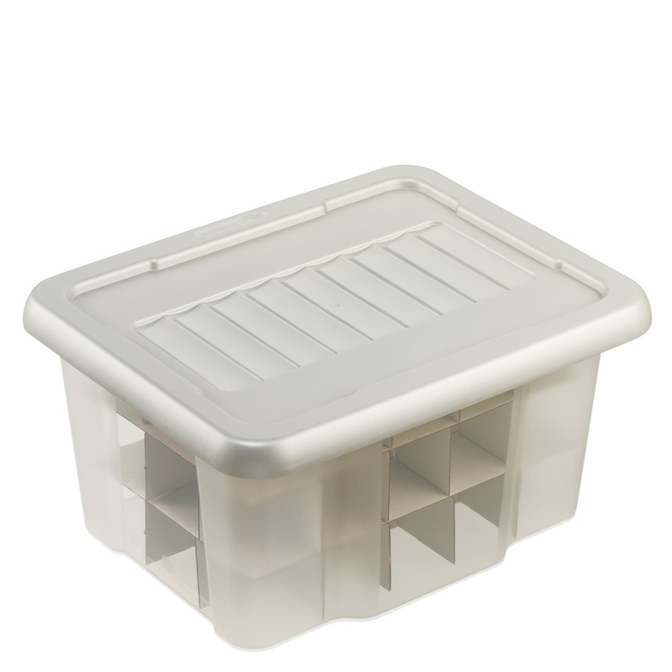 Låda för 45 julkulor, 24 Liter, X-MAS BOX, 43 x 34,5 x H 22,5 cm, Klar / Silver