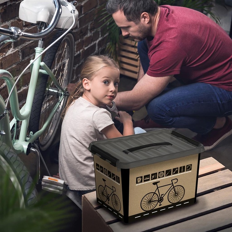Låda för Cykeltillbehör, med handtag, 22 L, BIKE STORAGE BOX, 40 x 30 x H 26 cm, Svart / Natur