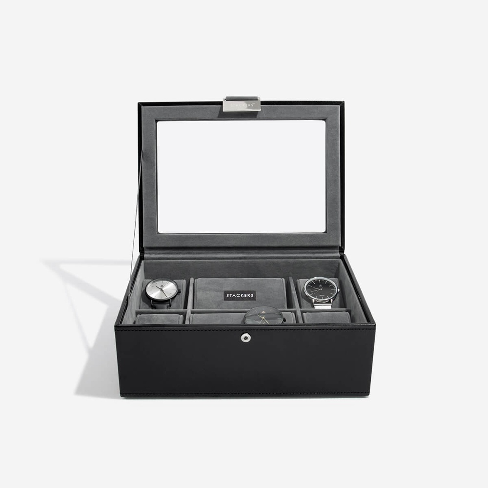 Låda för klockor med glaslock, STACKERS WATCH BOX MEDIUM, 19,5 x 26 x H 9,5 cm, Svart
