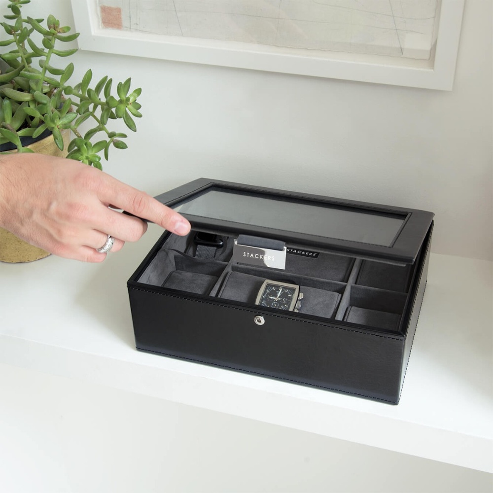 Låda för klockor med glaslock, STACKERS WATCH BOX MEDIUM, 19,5 x 26 x H 9,5 cm, Svart
