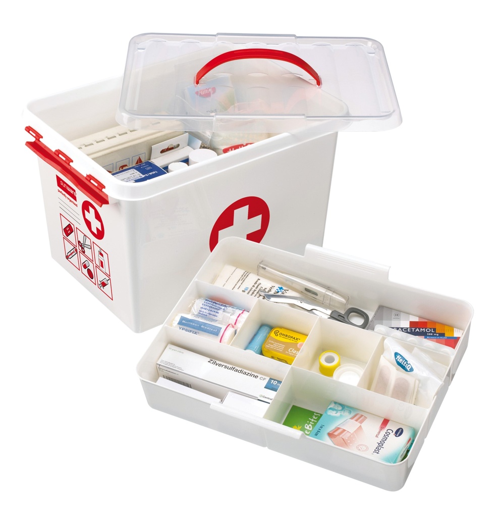 Låda för Medicin, Med handtag, 22 Liter, FIRST AID XL, 40 x 30 x H 26 cm, Vit / Röd