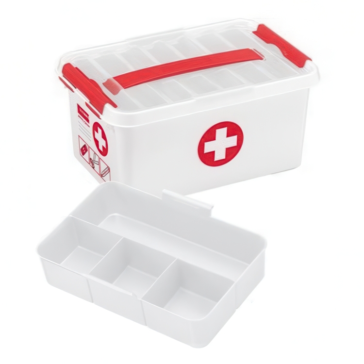 Låda för Medicin, Med handtag, 6 Liter, FIRST AID SMALL, 30 x 20 x H14 cm, Vit / Röd
