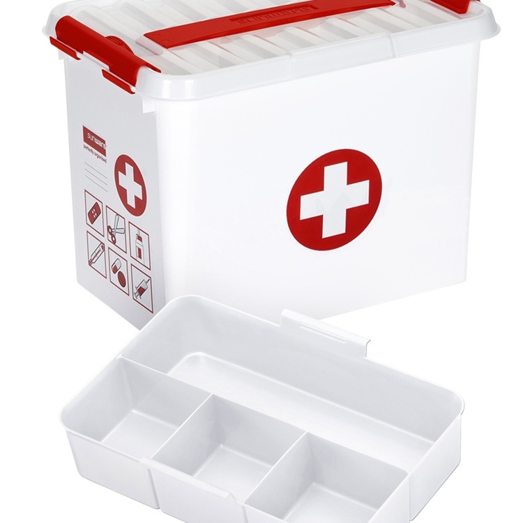 Låda för Medicin, Med handtag, 9 Liter, FIRST AID MEDIUM, 30 x 20 x H22 cm, Vit / Röd