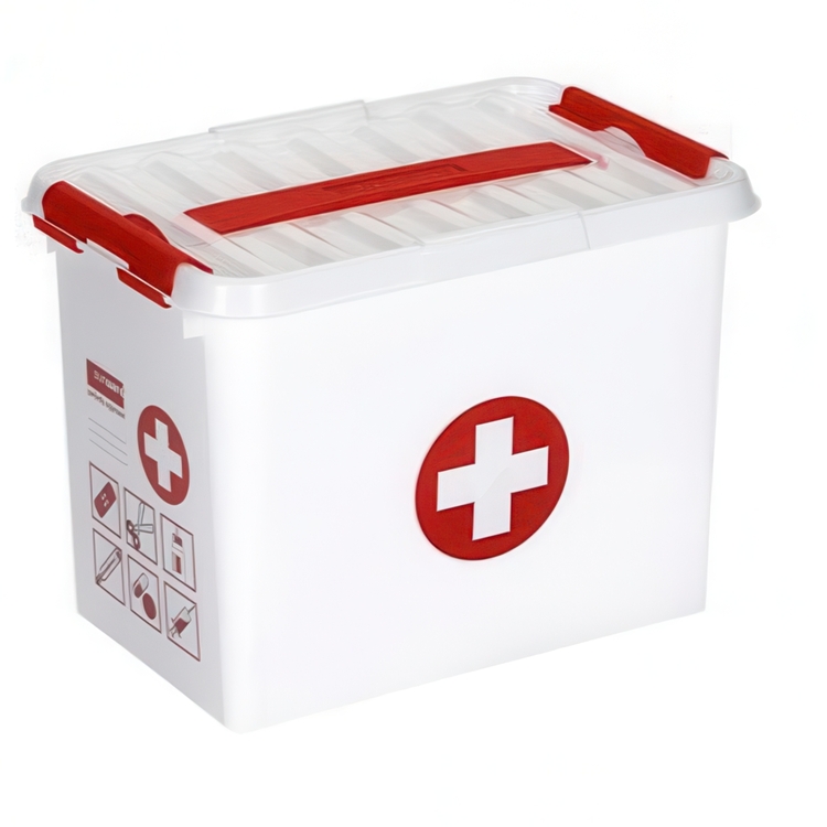 Låda för Medicin, Med handtag, 9 Liter, FIRST AID MEDIUM, 30 x 20 x H22 cm, Vit / Röd