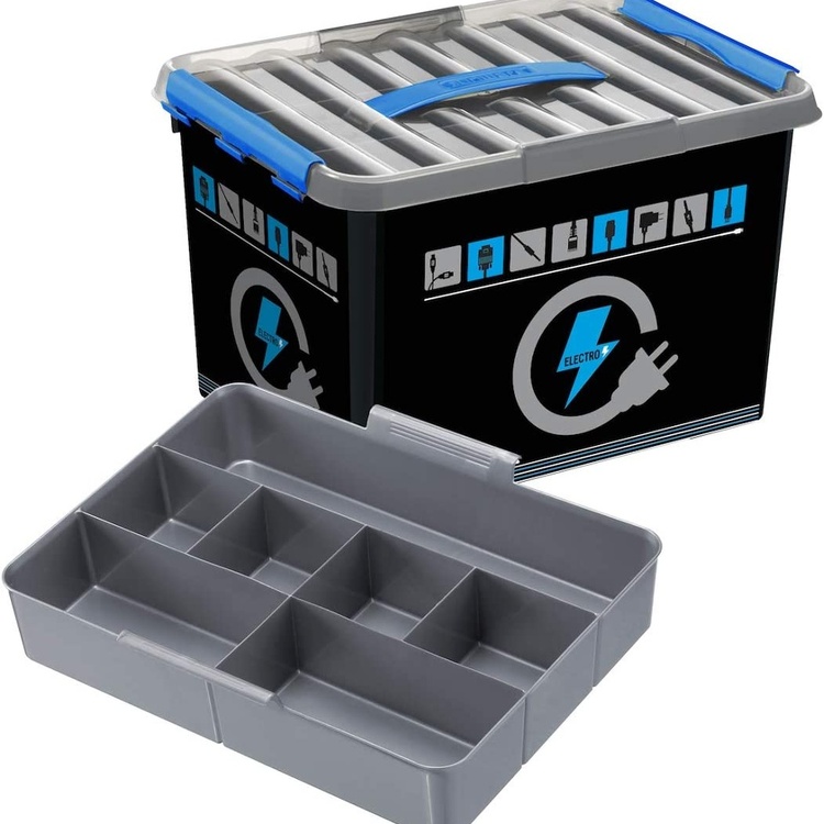 Låda för Sladdar och Elprylar, 22 L, ELECTRONICS STORAGE BOX, 40 x 30 x H 26 cm, Svart / Blå