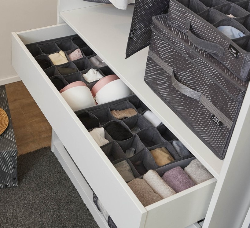 Låda för sortering 16 fack, PIXEL DRAWER ORGANISER, 32 x 32 x H 8 cm, Grå