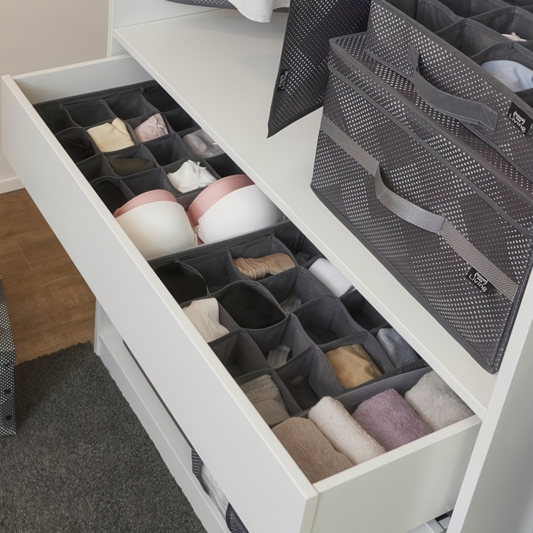 Låda för sortering 16 fack, PIXEL DRAWER ORGANISER, 32 x 32 x H 8 cm, Grå