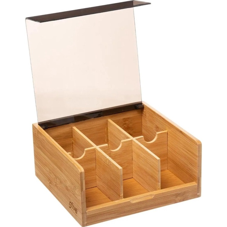 Låda för Sortering av Tepåsar, 6 fack, SQUARE BAMBOO TEA BOX, 22 x 21 x H 10 cm, Natur / Svart