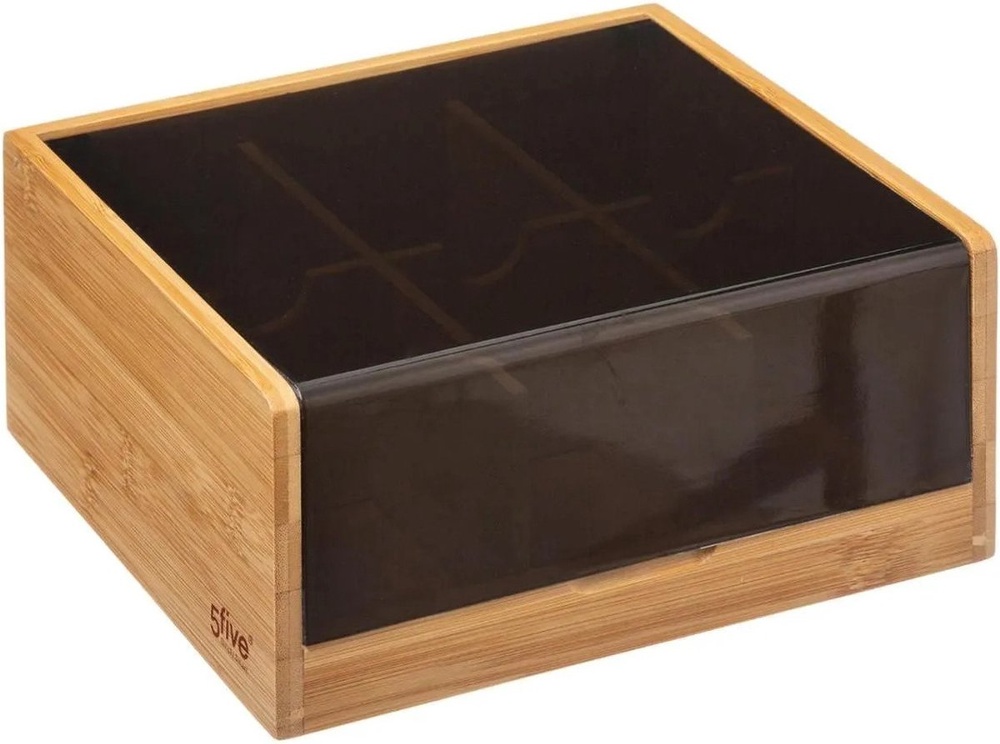 Låda för Sortering av Tepåsar, 6 fack, SQUARE BAMBOO TEA BOX, 22 x 21 x H 10 cm, Natur / Svart