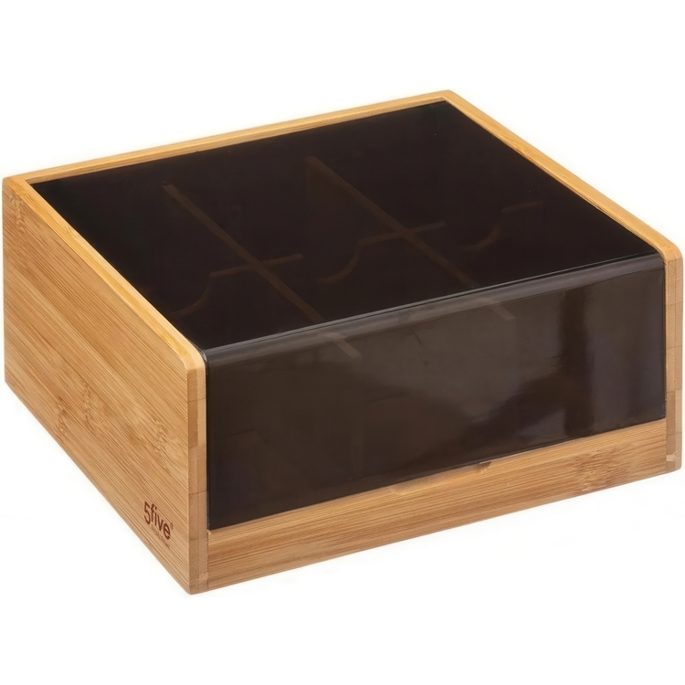 Låda för Sortering av Tepåsar, 6 fack, SQUARE BAMBOO TEA BOX, 22 x 21 x H 10 cm, Natur / Svart