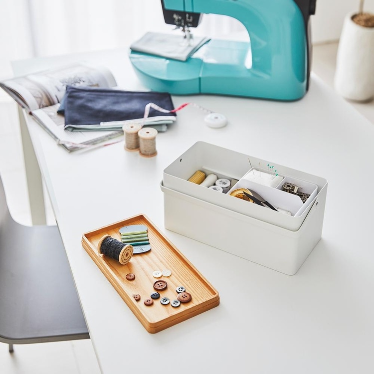 Låda för Sybehör i metall, TOWER SYSKRIN, 27 x 14 x H 13,5 cm, Vit / Trä