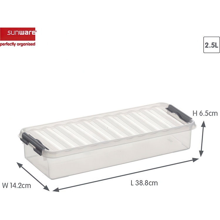 Låda Långsmal, 2,5L, Q-LINE, 38,8 x 14,2 x H 6,5 cm, Klar / Silvergrå