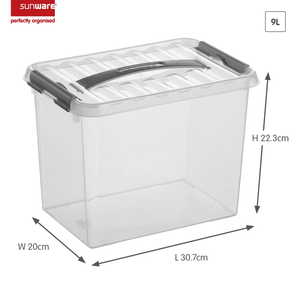 Låda med handtag, Hög, 9 Liter, Q-LINE BOX, 30,7 x 20 x H 22,3 cm, Klar / Silvergrå
