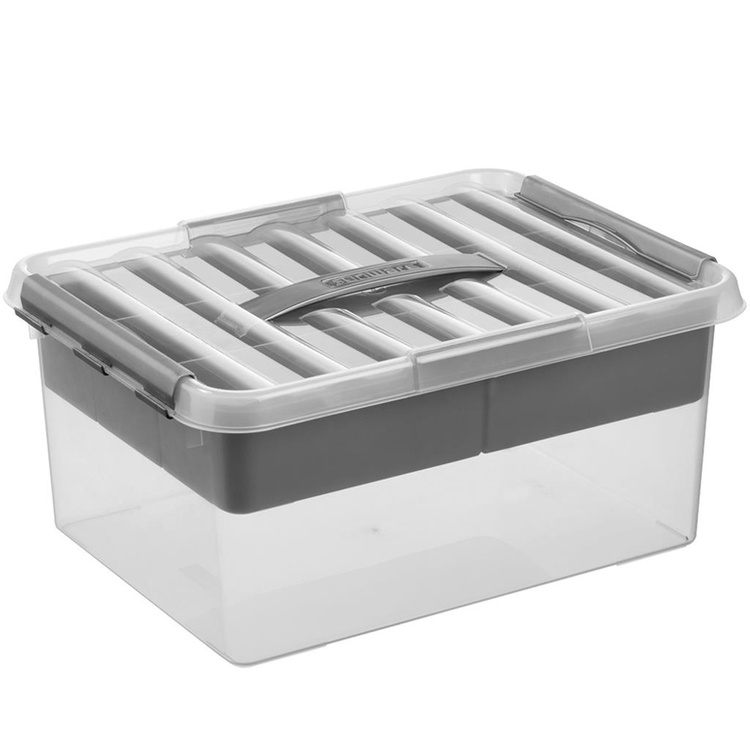 Låda med insats och handtag, 15 Liter, Q-LINE MULTIBOX, 40 x 30 x H 18 cm, Klar / Silvergrå
