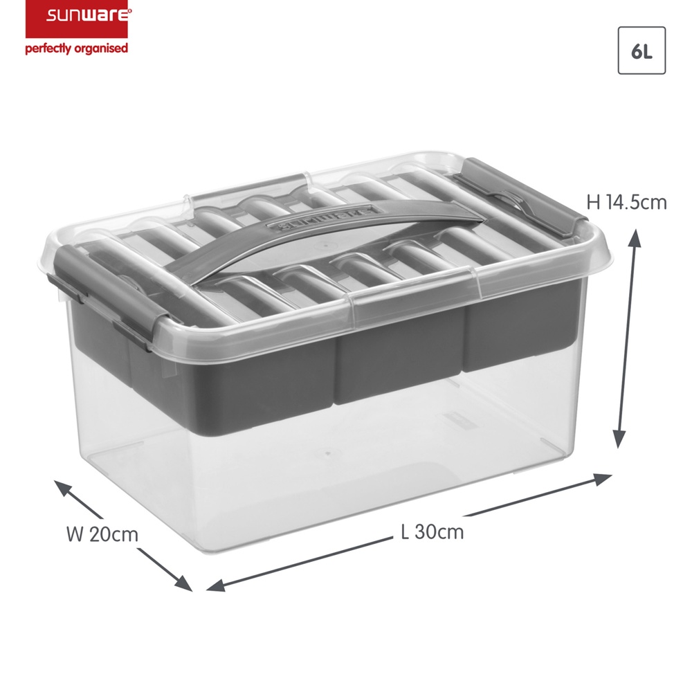 Låda med insats och handtag, 6 Liter, Q-LINE MULTIBOX, 30,7 x 20 x H 14,3 cm, Klar / Silvergrå