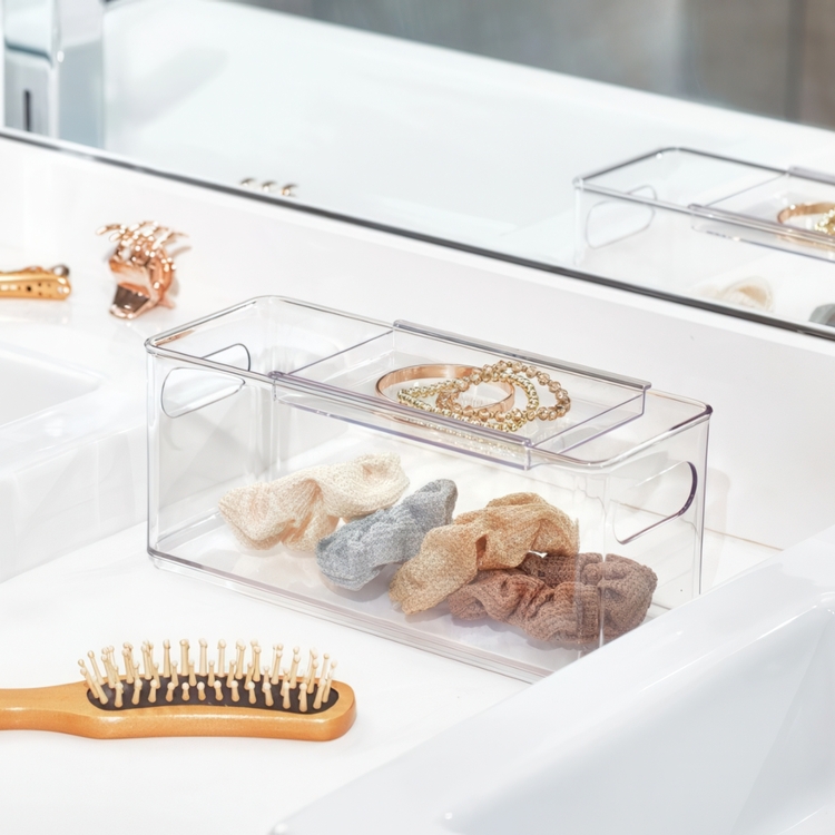 Låda med skjutbart lock, THE HOME EDIT HAIR ACCESSORY BIN, 10,2 x 25,4 x H 10,8 cm, Transparent