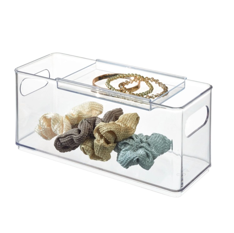 Låda med skjutbart lock, THE HOME EDIT HAIR ACCESSORY BIN, 10,2 x 25,4 x H 10,8 cm, Transparent
