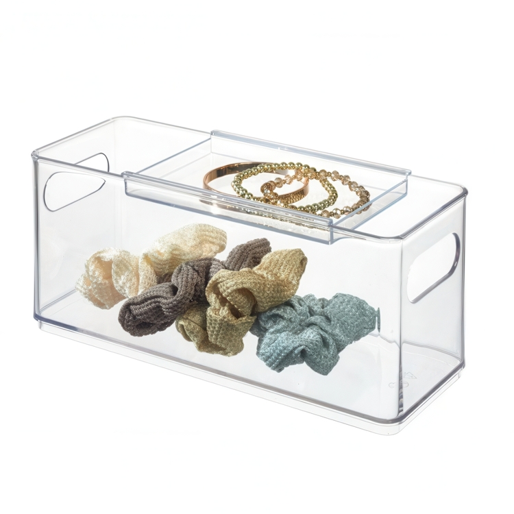 Låda med skjutbart lock, THE HOME EDIT HAIR ACCESSORY BIN, 10,2 x 25,4 x H 10,8 cm, Transparent