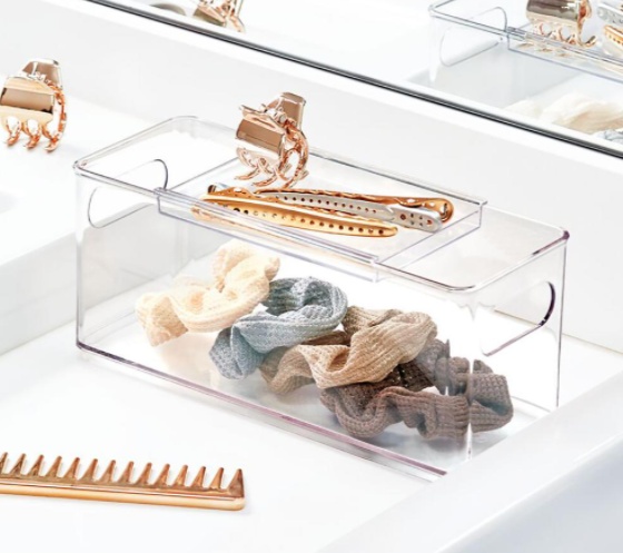 Låda med skjutbart lock, THE HOME EDIT HAIR ACCESSORY BIN, 10,2 x 25,4 x H 10,8 cm, Transparent