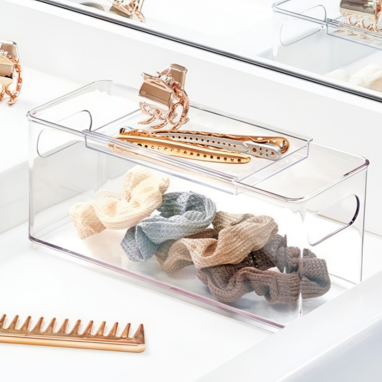 Låda med skjutbart lock, THE HOME EDIT HAIR ACCESSORY BIN, 10,2 x 25,4 x H 10,8 cm, Transparent