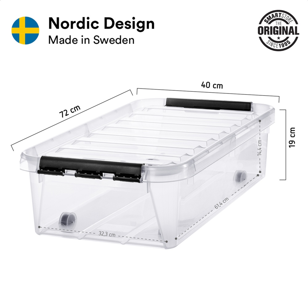 Låda Under Sängen med Hjul, SMARTSTORE 30L, CLASSIC, 72 x 40 x H19 cm, Transparent / Svart