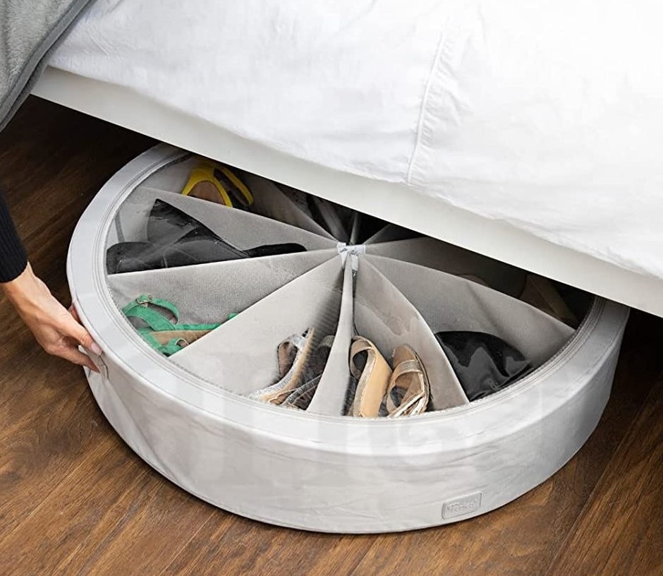 Låda under sängen med stålram, Rund, UNDER BED WHEEL, Ø 74 H 15,5 cm, Grå