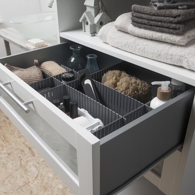 Lådavdelare, Höga, 6 st, FREE DRAWER ORGANISER, 44 x H 10 cm, Grå