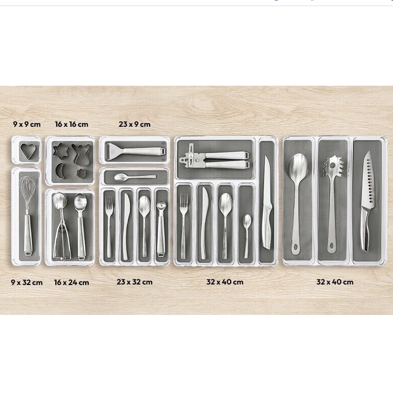 Lådinsats, Rektangulär, TIDY SMART ORGANIZER, 24 x 16 x H 4,5 cm, Klar / Mörkgrå