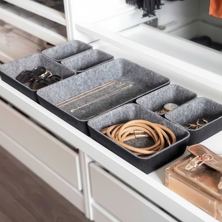 Lådinsatser i återvunnen polyesterfilt, Set med 7 st, FELT DRAWER ORGANIZERS, Grå
