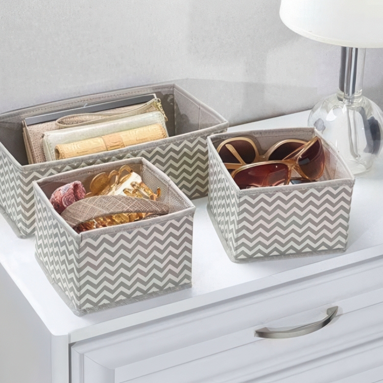 Lådor för sortering, 3 st, CHEVRON ACCESSORY ORGANISER, Grå / Beige