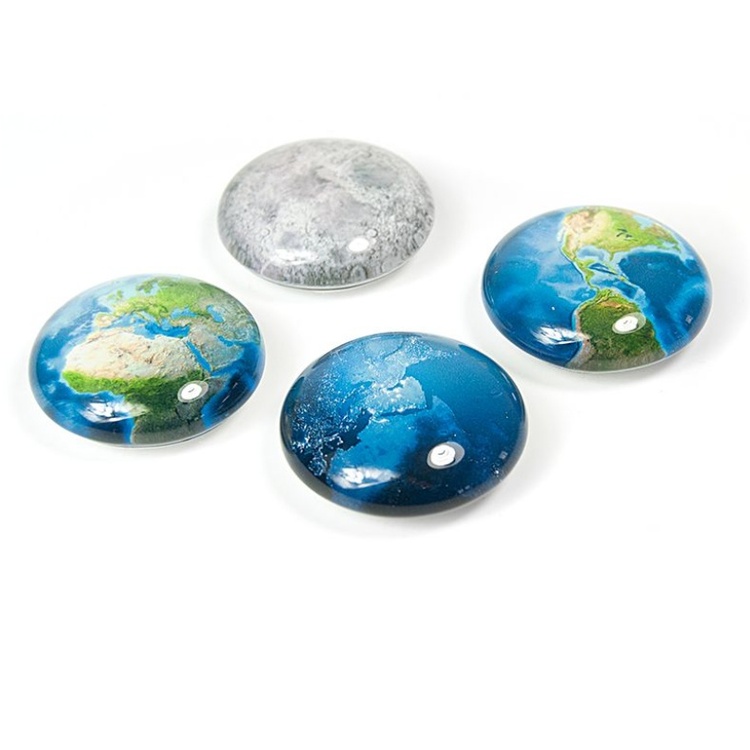 Magneter i glas, Kartbilder, 4 st, PLANET Ø 3,5 cm, Blå