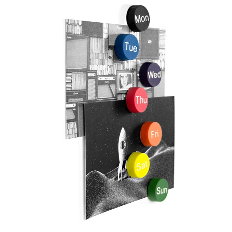 Magneter, veckodagar, Stora, 7 st, WEEKDAYS, Ø 2,5 cm, Mix