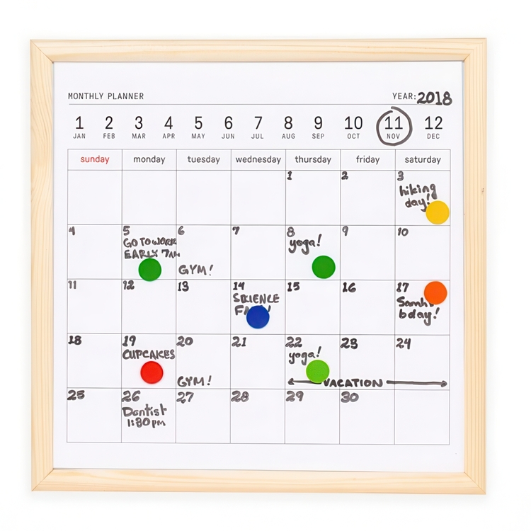 Magnetisk whiteboard tavla, MINI MONTHLY PLANNER, 20×20 cm, Vit