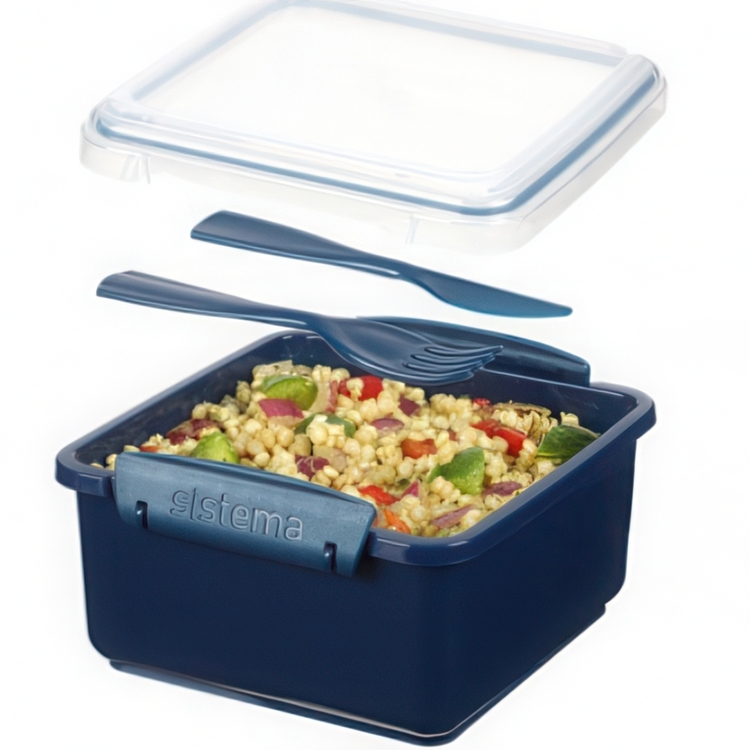Matlåda med bestick, 1,2 L, Återanvänd Plast, LUNCH PLUS RENEW, 15,5 x 15 x H 8 cm, Blå