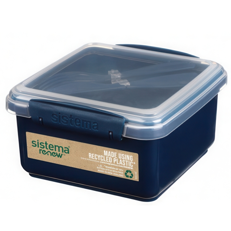 Matlåda med bestick, 1,2 L, Återanvänd Plast, LUNCH PLUS RENEW, 15,5 x 15 x H 8 cm, Blå