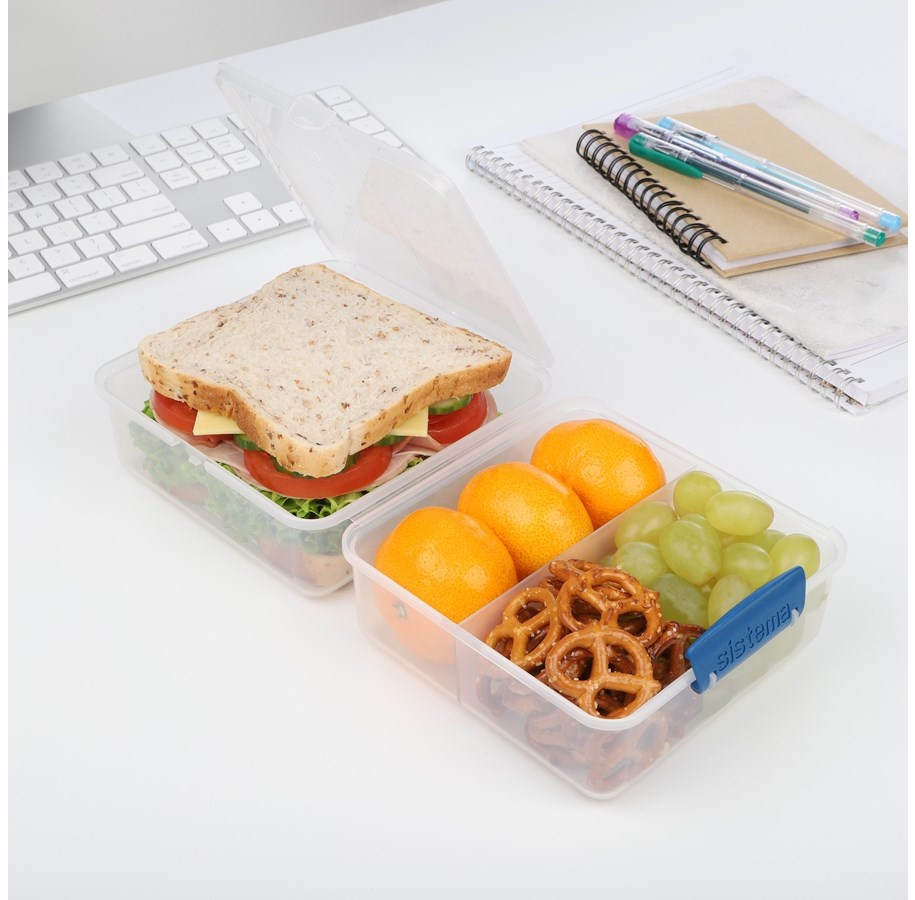 Matlåda uppdelad i fack, 1,4L, LUNCH CUBE TO GO, Transparent vit / Mörkblå