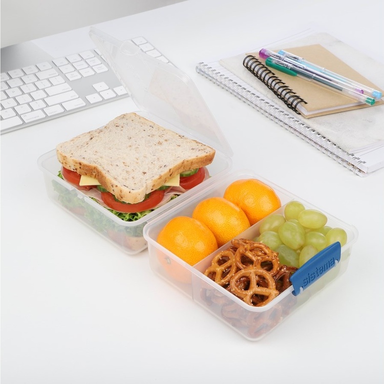 Matlåda uppdelad i fack, 1,4L, LUNCH CUBE TO GO, Transparent vit / Mörkblå