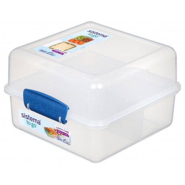 Matlåda uppdelad i fack, 1,4L, LUNCH CUBE TO GO, Transparent vit / Mörkblå