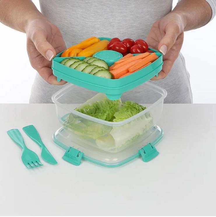 Matlåda, med fack och bestick, SALAD TO GO, 1,1 L, Transparent / Mint