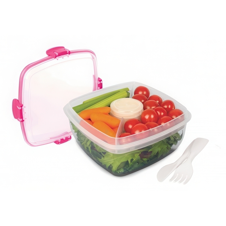Matlåda, med fack och bestick, 1,1 L, SALAD TO GO, Transparent / Rosa
