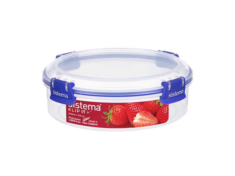 Matlåda, Rund, 0,64 liter, KLIP IT PLUS, Ã˜ 11,5 x H 5,8 cm, Klar / Blå