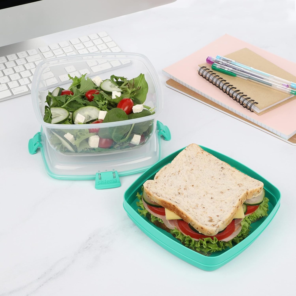 Matlåda, Tvådelad, SALAD + SANDWICH TO GO, 19 x 19 x H 10 cm, Klar / Mint