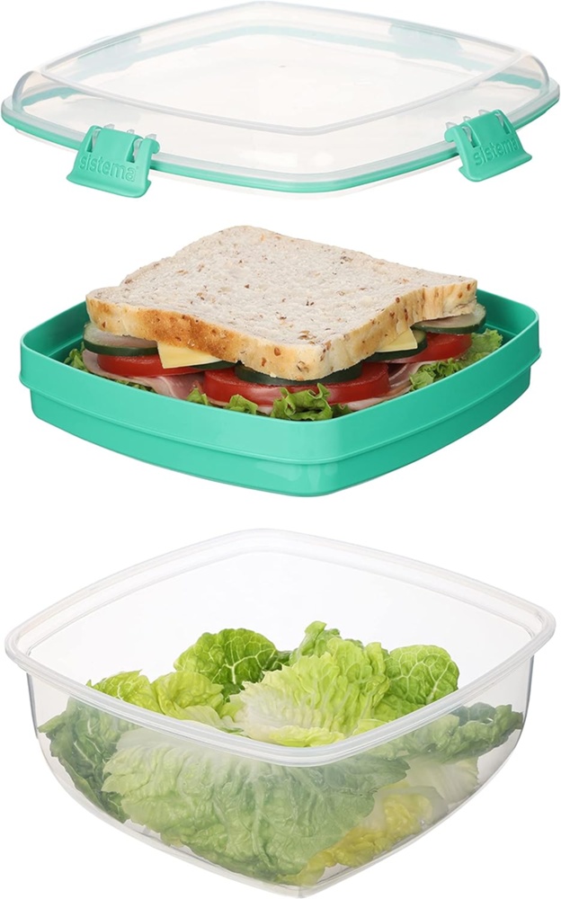 Matlåda, Tvådelad, SALAD + SANDWICH TO GO, 19 x 19 x H 10 cm, Klar / Mint