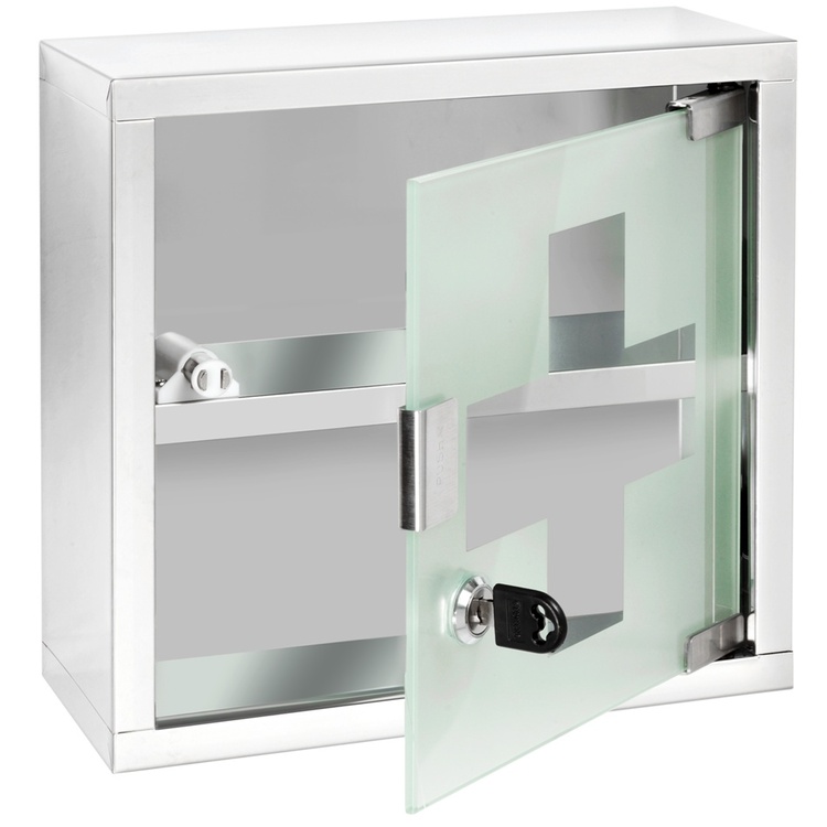 Medicinskåp med glasdörr, låsbart, MEDICINE CABINET, 25 x 12 x H 25 cm, Silver / Klar