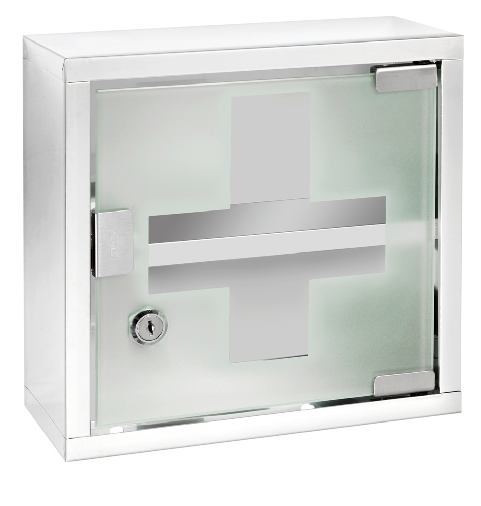 Medicinskåp med glasdörr, låsbart, MEDICINE CABINET, 25 x 12 x H 25 cm, Silver / Klar